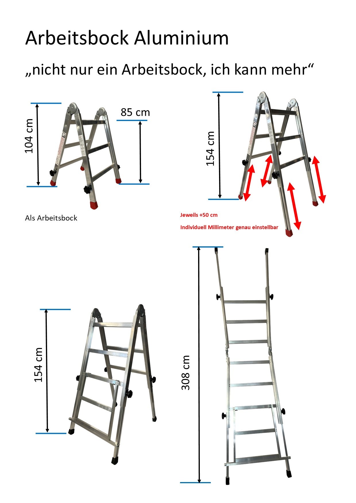 Arbeitsbock "ICH KANN MEHR" Alu mit verstellbaren Beinen ohne Aufstiegshilfe