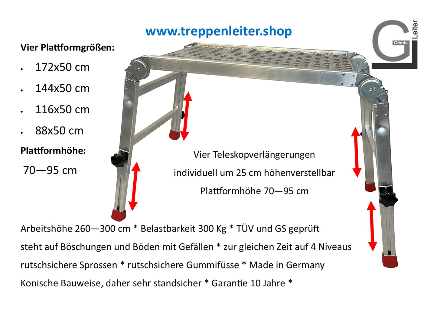 Arbeitsplattform mit verstellbaren Beinen Größe 0,88 x 0,50 m 15 % Jubiläumsrabatt bis 02.11.2025