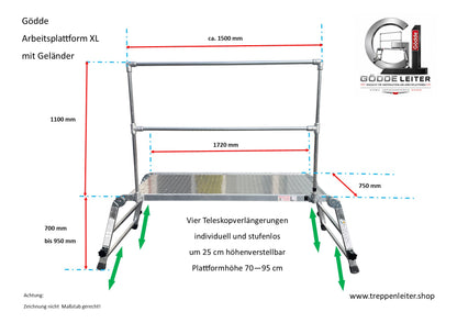 Arbeitsplattform / Montageplattform XL klappbar mit Geländer 1,72 x 0,75 m